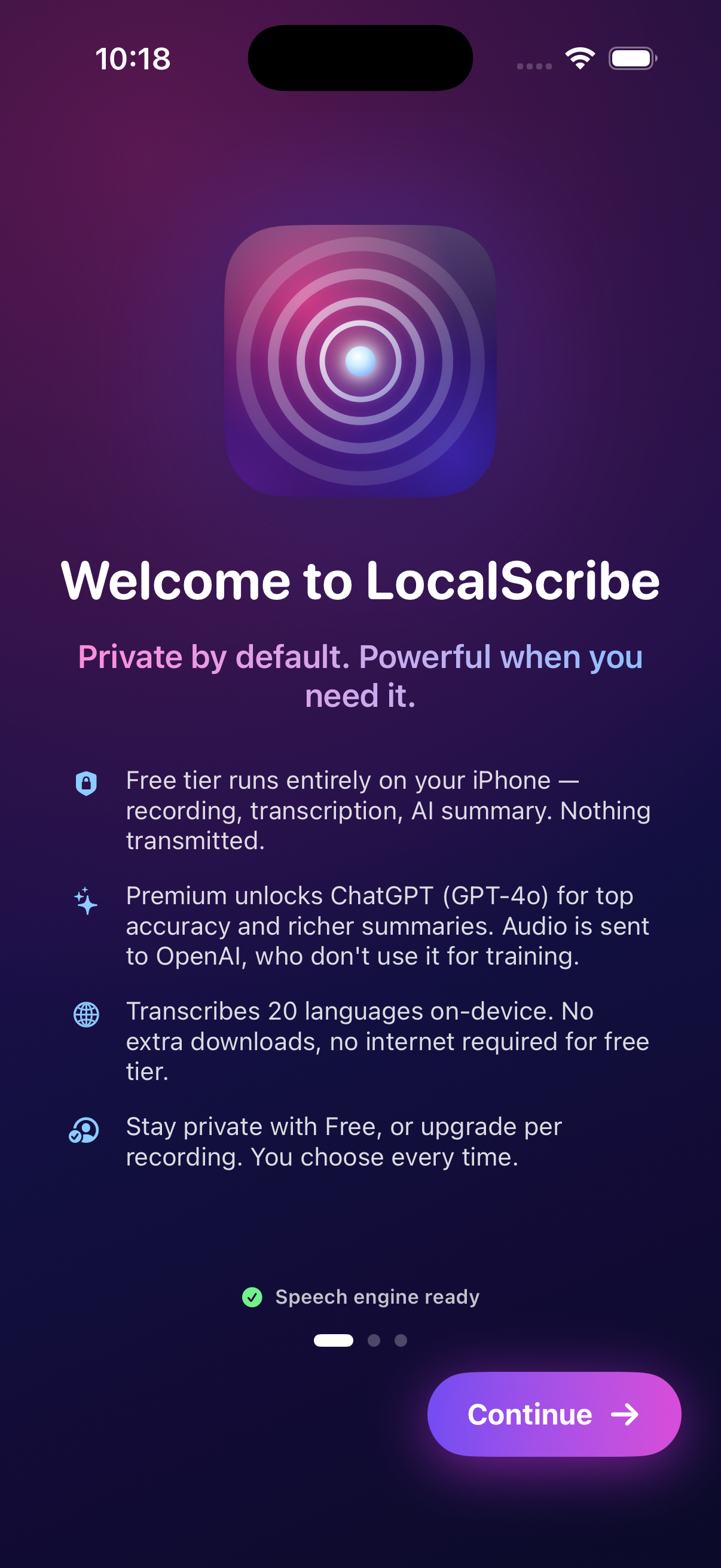 LocalScribe welcome screen.
