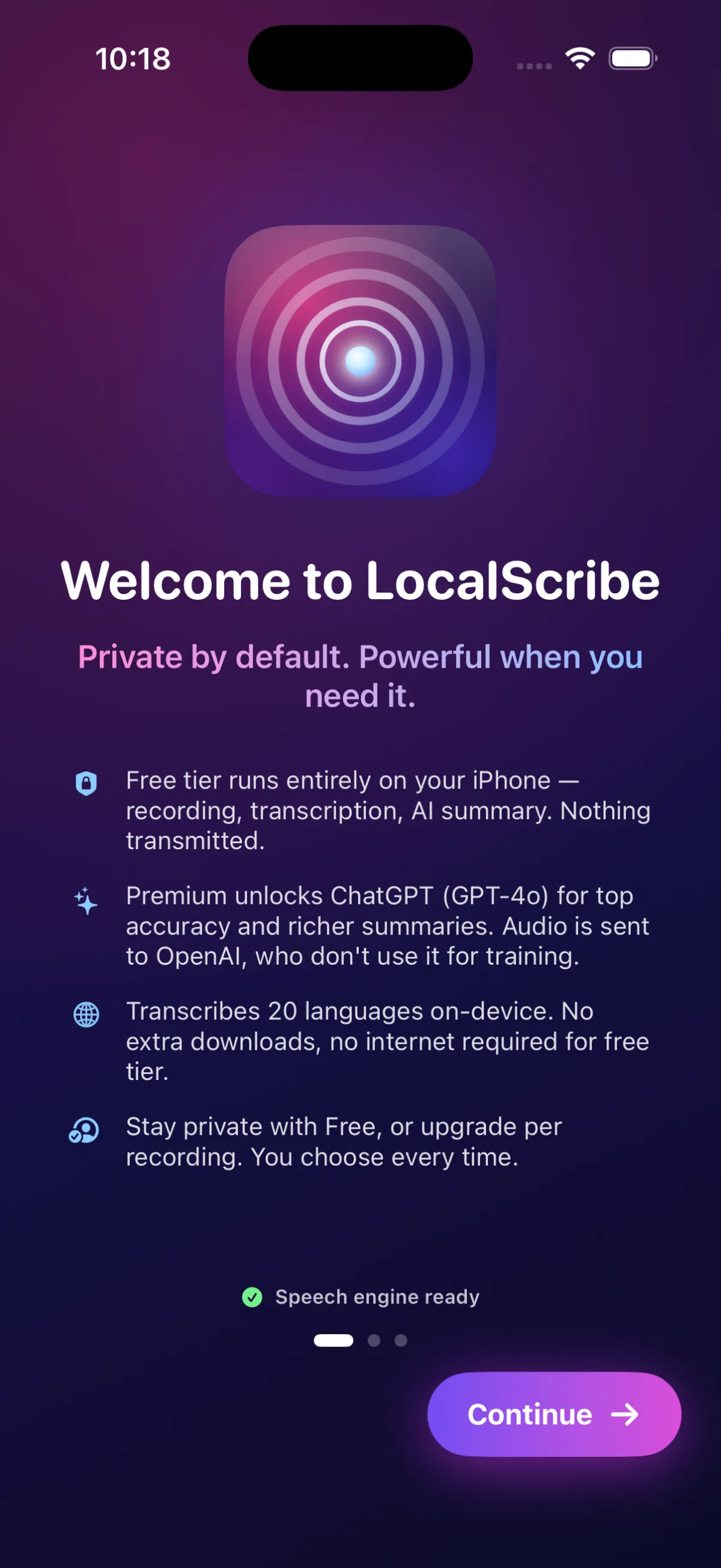 LocalScribe welcome screen.