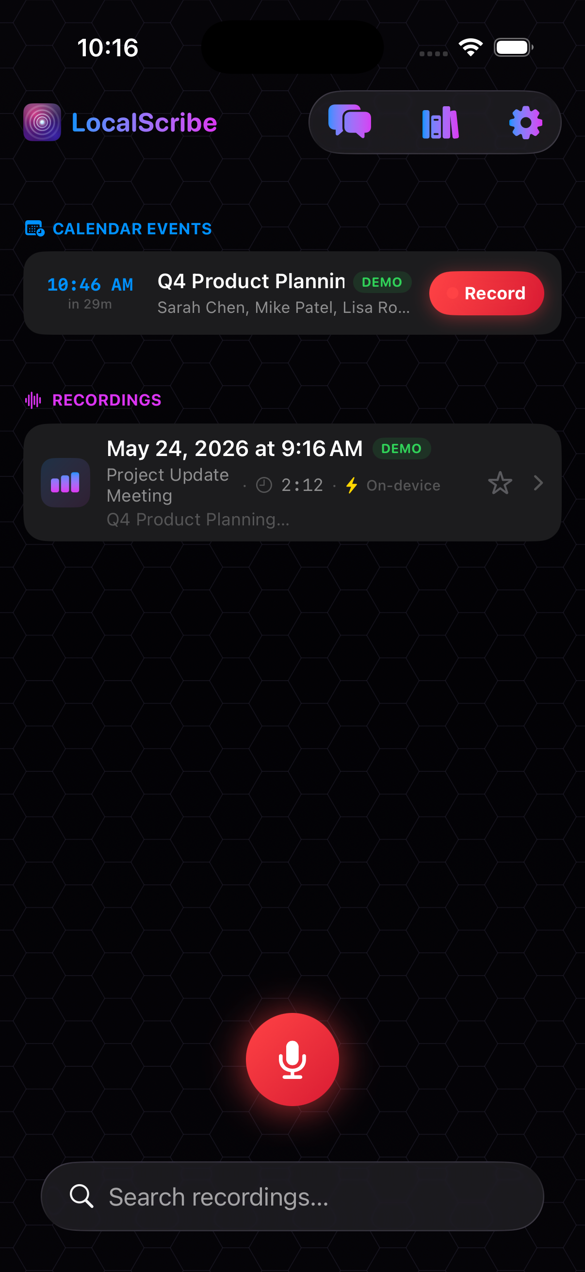 LocalScribe recording list with on-device badge.