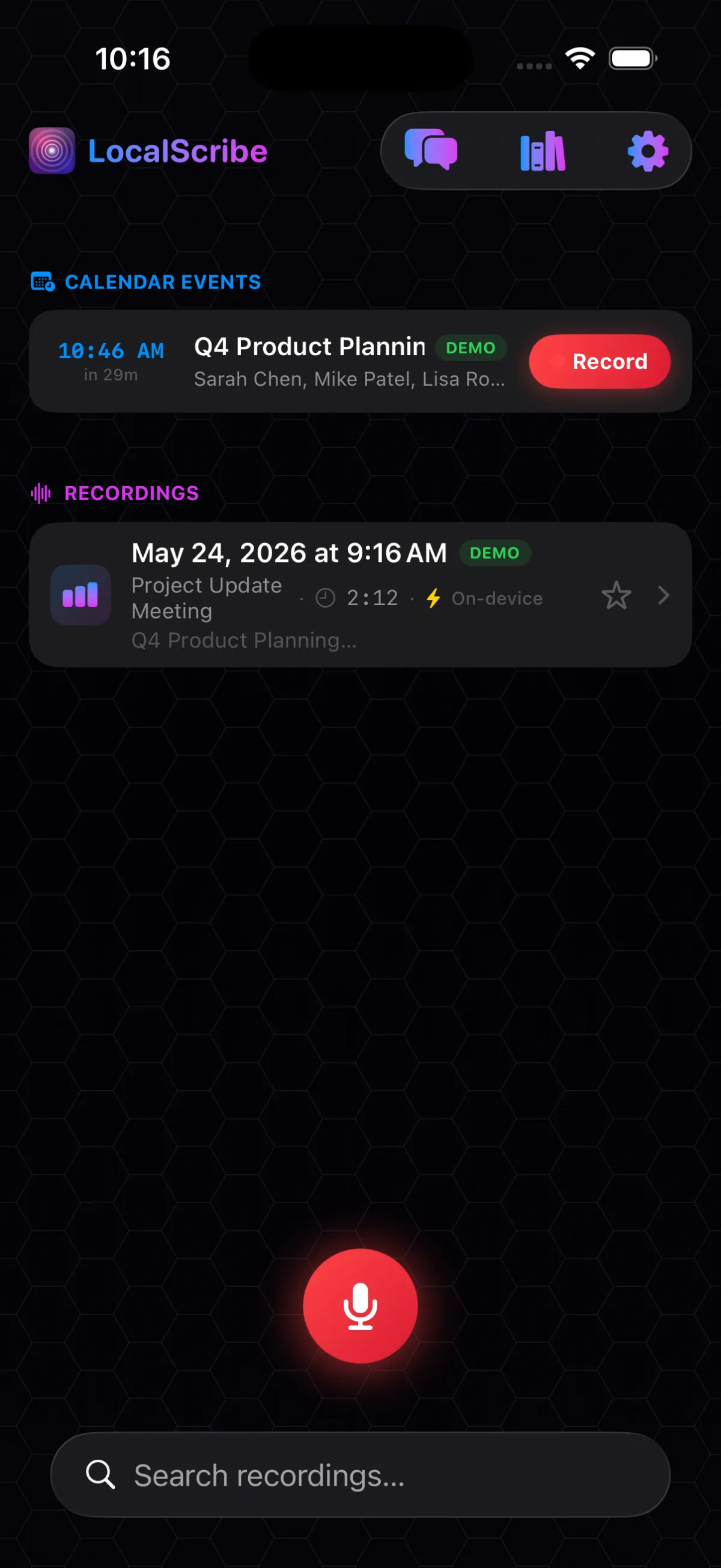LocalScribe recording list with on-device badge.