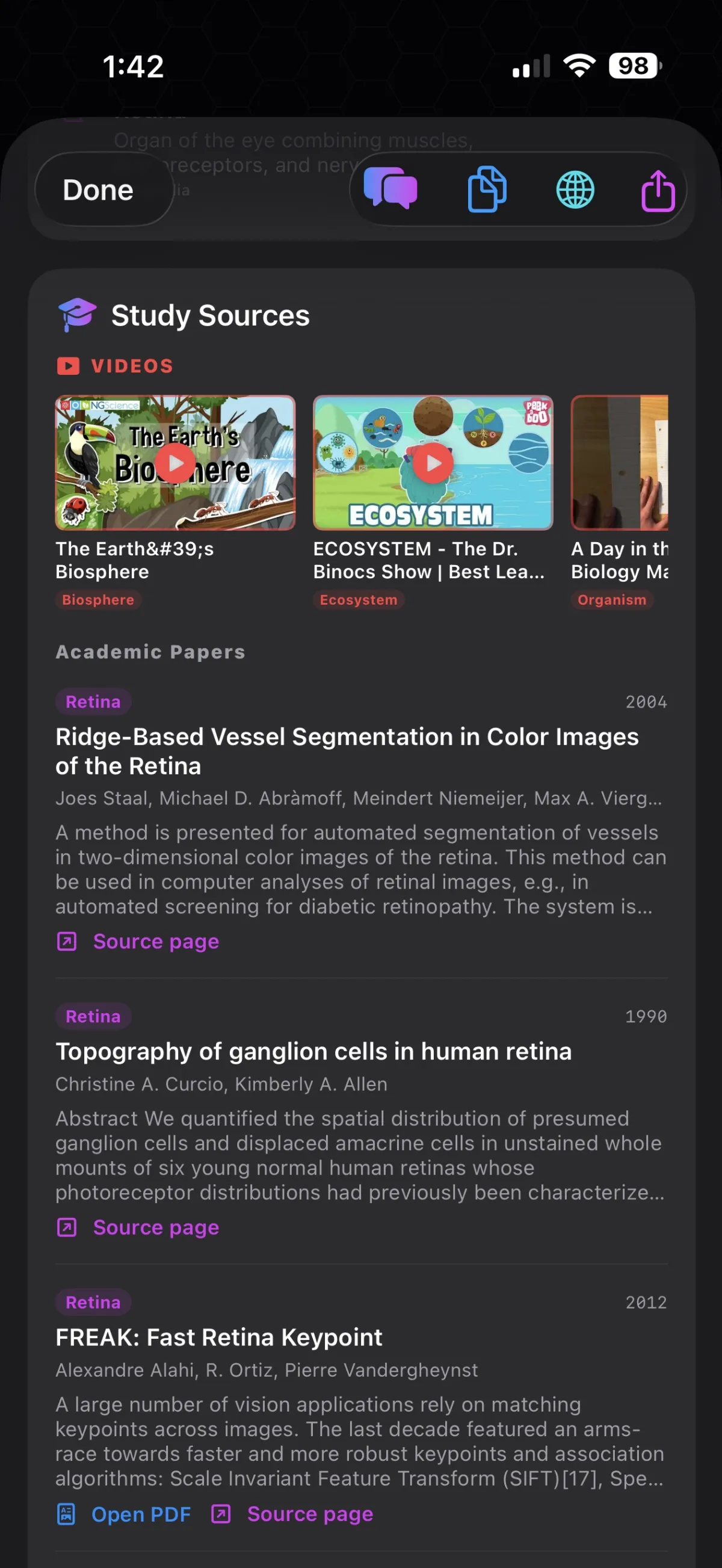 Study Sources panel showing educational YouTube videos and academic papers matched to the recording's topics.